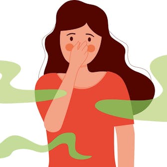 Muggen lugt af væggelus Illustration af kvinde, der bemærker en muggen lugt af væggelus